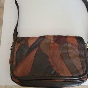 Vintage Purse Brown Black Patchwork Leather Flap Crossbody Bag Zip Top Boho 90s